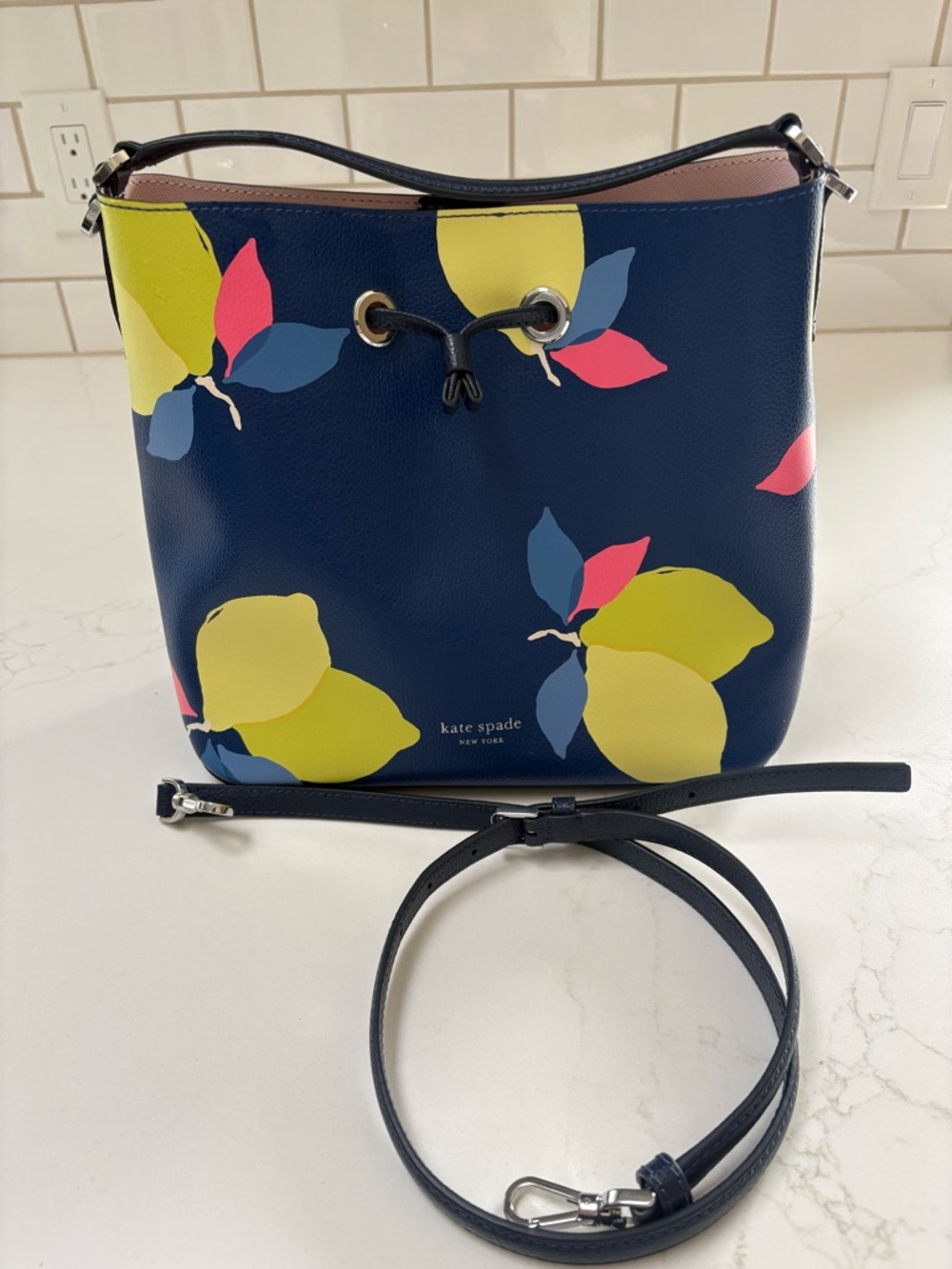 kate spade Navy Lemon Floral Bucket Crossbody; Excellent Condition!!